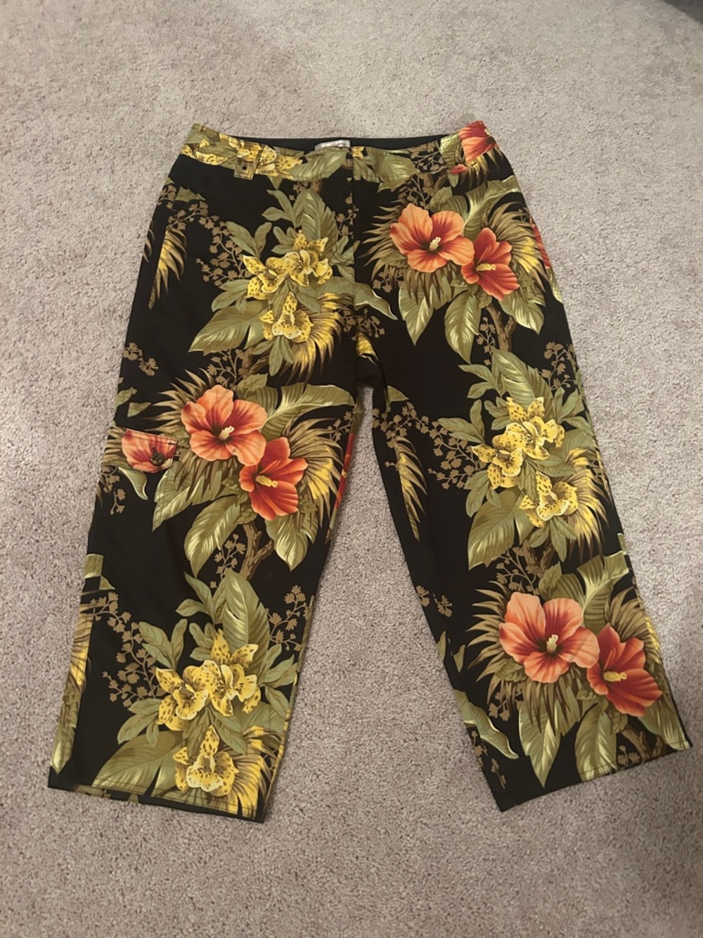 Tommy Bahama Black Tropical Floral Capri Pants with Orange & Yellow Blooms